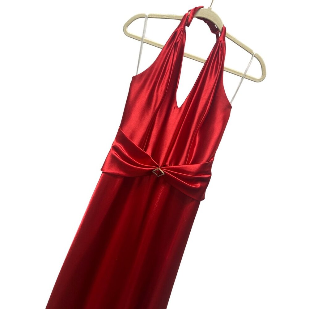 Jessica McClintock Gunne Sax Vintage 90's Red Satin Halter Evening Gown with Rhi